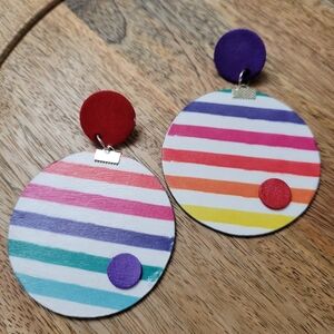 HAND CRAFTED Dots & Stripes Colorful Wooden Dangle Earrings